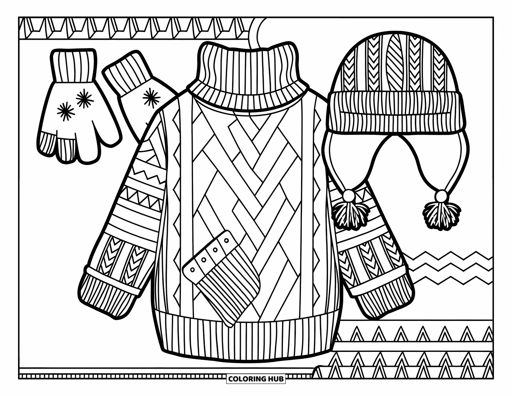 Winter Clothes Coloring Page for Kids: Sweater and hat hangers show off cozy knit designs with a playful touch