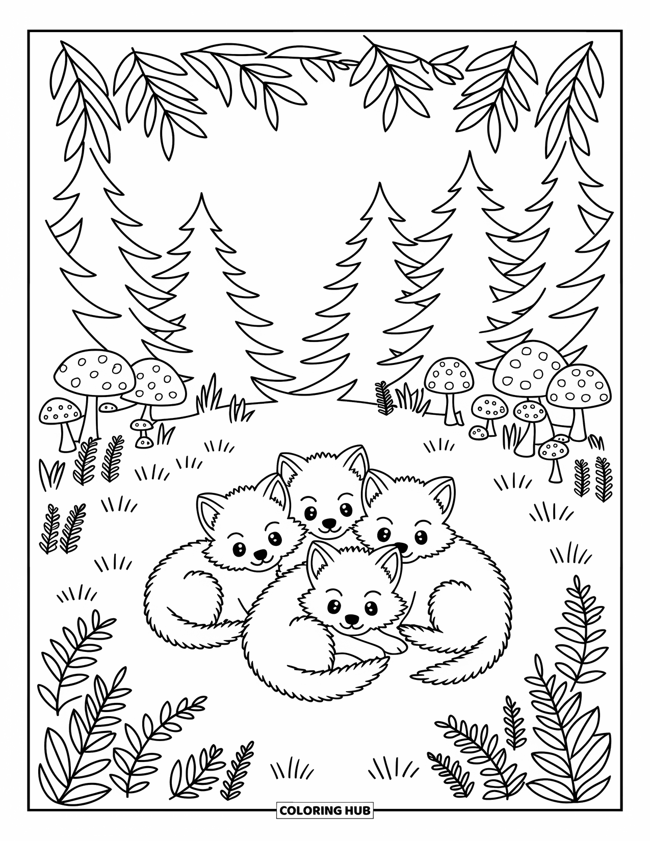 Wolf Pack Coloring Page for Adults: A group of wolf pups nap in a mossy forest framed by leafy branches
