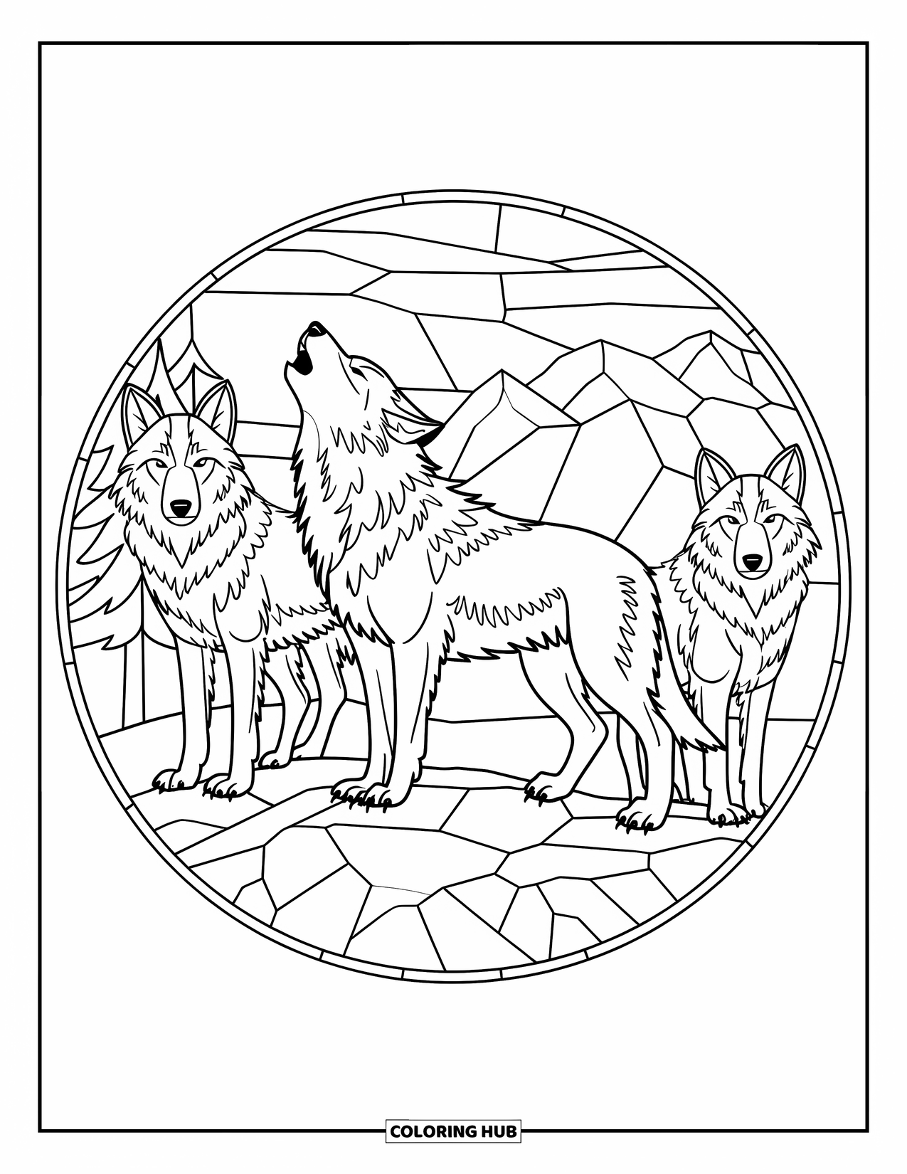 Wolf Pack Coloring Page for Adults: A howling wolf leads two others above a rocky scene in a glassy frame