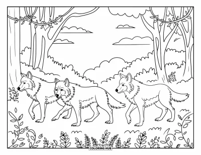 Wolfsrudel-Ausmalbild für Erwachsene: Ein Wolfstrio streift ruhig zwischen gemusterten Bäumen und einem floralen Himmel umher