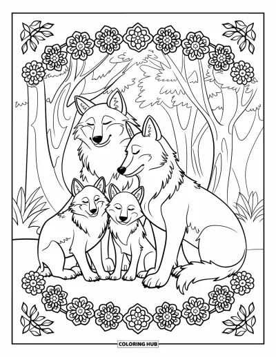 Wolfsrudel-Ausmalbild für Erwachsene: Eine Wolfsfamilie entspannt unter einem Blätterdach mit gemusterten Rändern ringsum