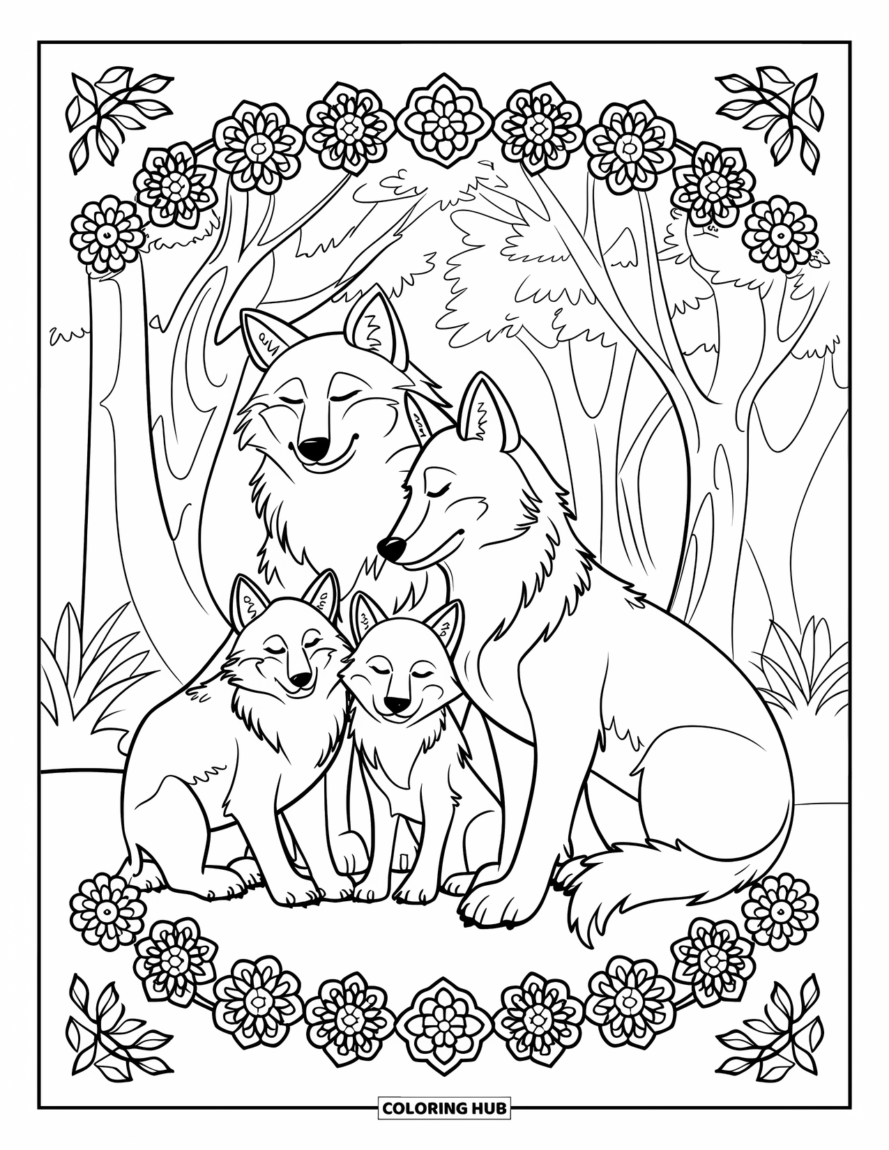 Wolf Pack Coloring Page for Adults: A wolf family relaxes under a leafy canopy with patterned borders all around