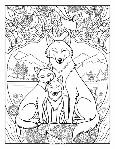 Wolfsrudel-Ausmalbild für Erwachsene: Eine Wolfsfamilie ruht unter einem Baum umgeben von floralen Mandalas und Blättern