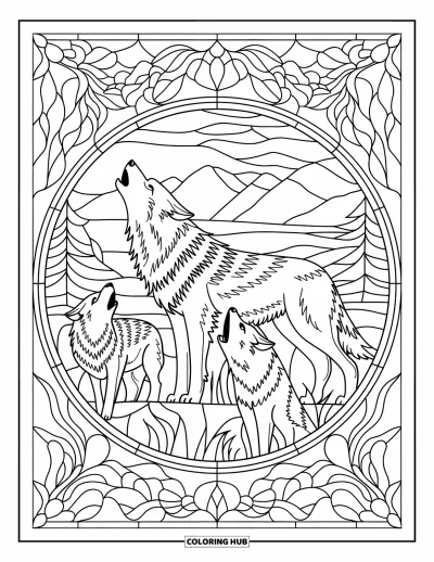 Wolfsrudel-Ausmalbild für Erwachsene: Ein Leitwolf heult zwischen zwei anderen in einem kreisförmigen Buntglas-Rahmen