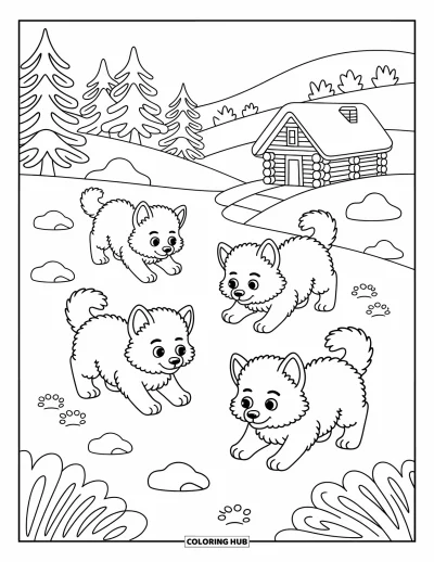Wolfsrudel-Ausmalbild für Erwachsene: Flauschige Wolfswelpen spielen auf einem schneebedeckten Feld mit Bäumen und einer Hütte in der Ferne