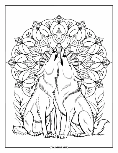 Wolfsrudel-Ausmalbild für Erwachsene: Heulende Wölfe stehen umgeben von einem vollständigen Mandala aus Blumenmustern