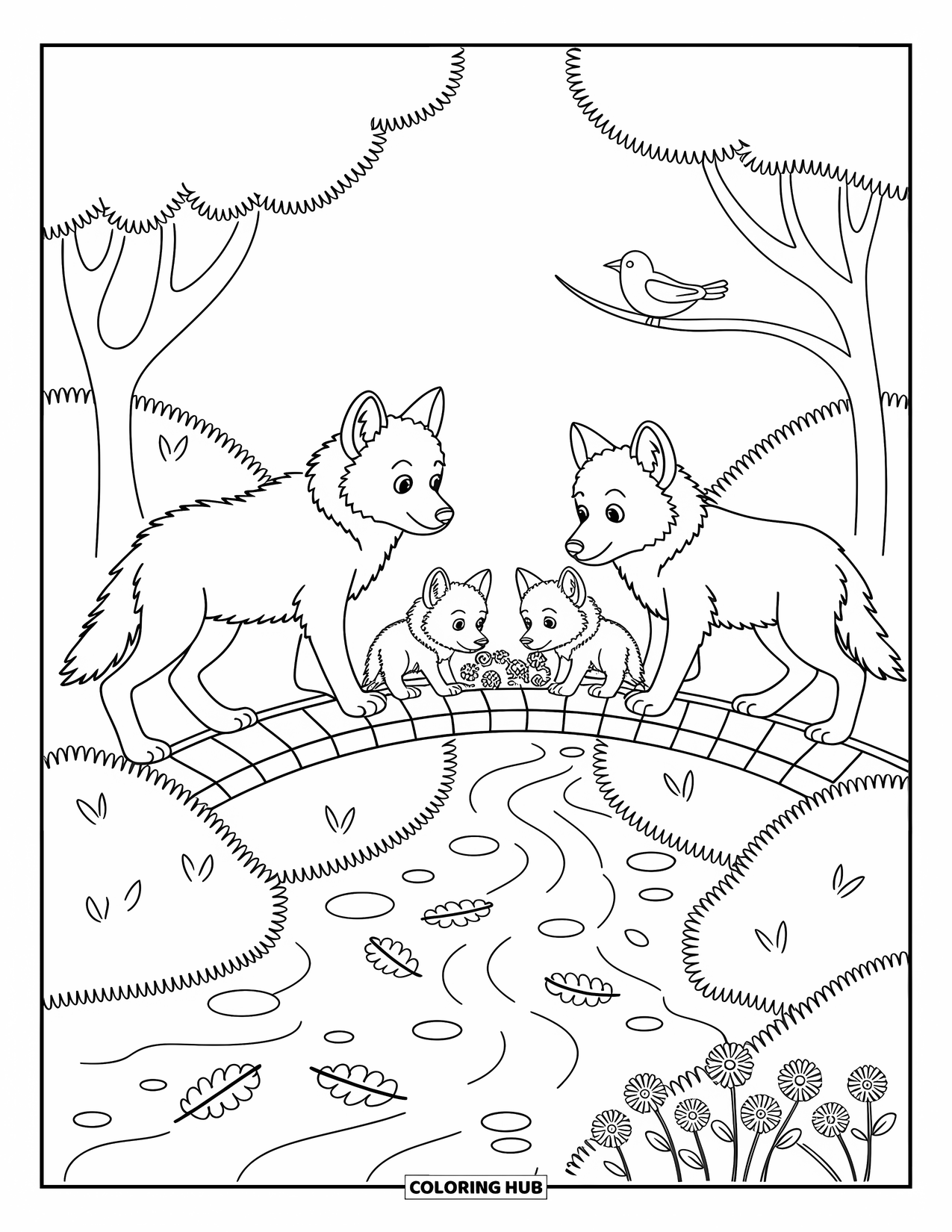 Wolf Pack Coloring Page for Adults: Parent wolves and curious pups cross a bridge over a quiet stream