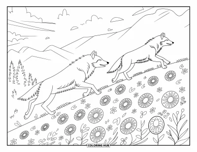Wolfsrudel-Ausmalbild für Erwachsene: Laufende Wölfe erklimmen einen Hügel umgeben von gemusterten Blüten und friedlichen Bergen