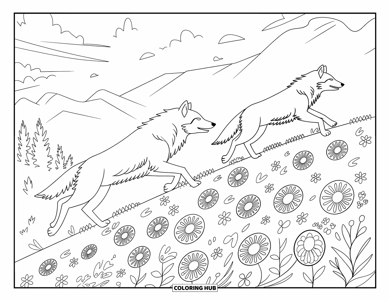 Wolf Pack Coloring Page for Adults: Running wolves climb a hill surrounded by patterned flowers and peaceful mountains