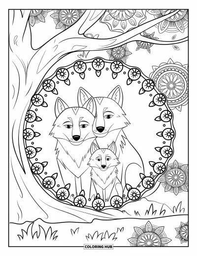 Wolfsrudel-Ausmalbild für Erwachsene: Drei Wölfe sitzen friedlich unter einem Baum voller Mandala-Blüten