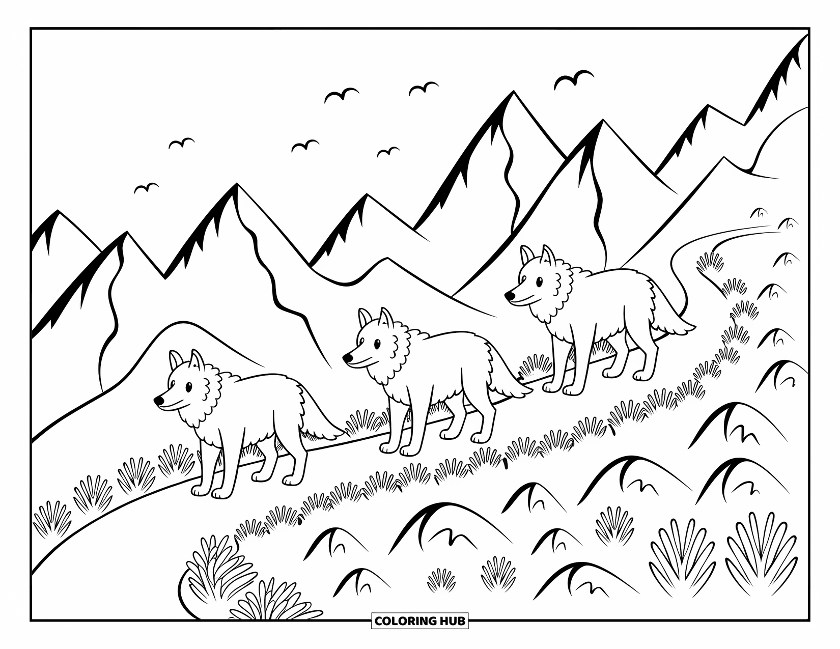 Wolf Pack Coloring Page for Adults: Three wolves trek through the mountains with birds above and jagged peaks behind