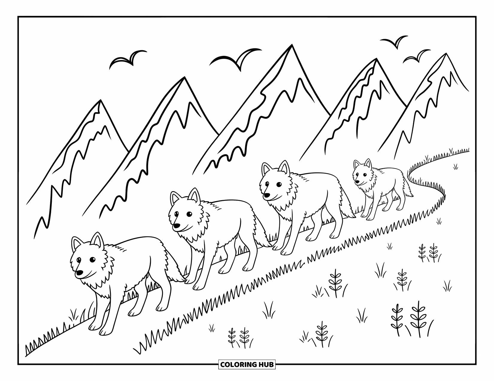 Wolf Pack Coloring Page for Adults: Three wolves walk in a line along a mountain trail under soaring birds