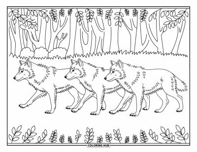 Wolfsrudel-Ausmalbild für Erwachsene: Drei Wölfe laufen in einer Reihe durch einen dichten Wald mit floralen Rändern