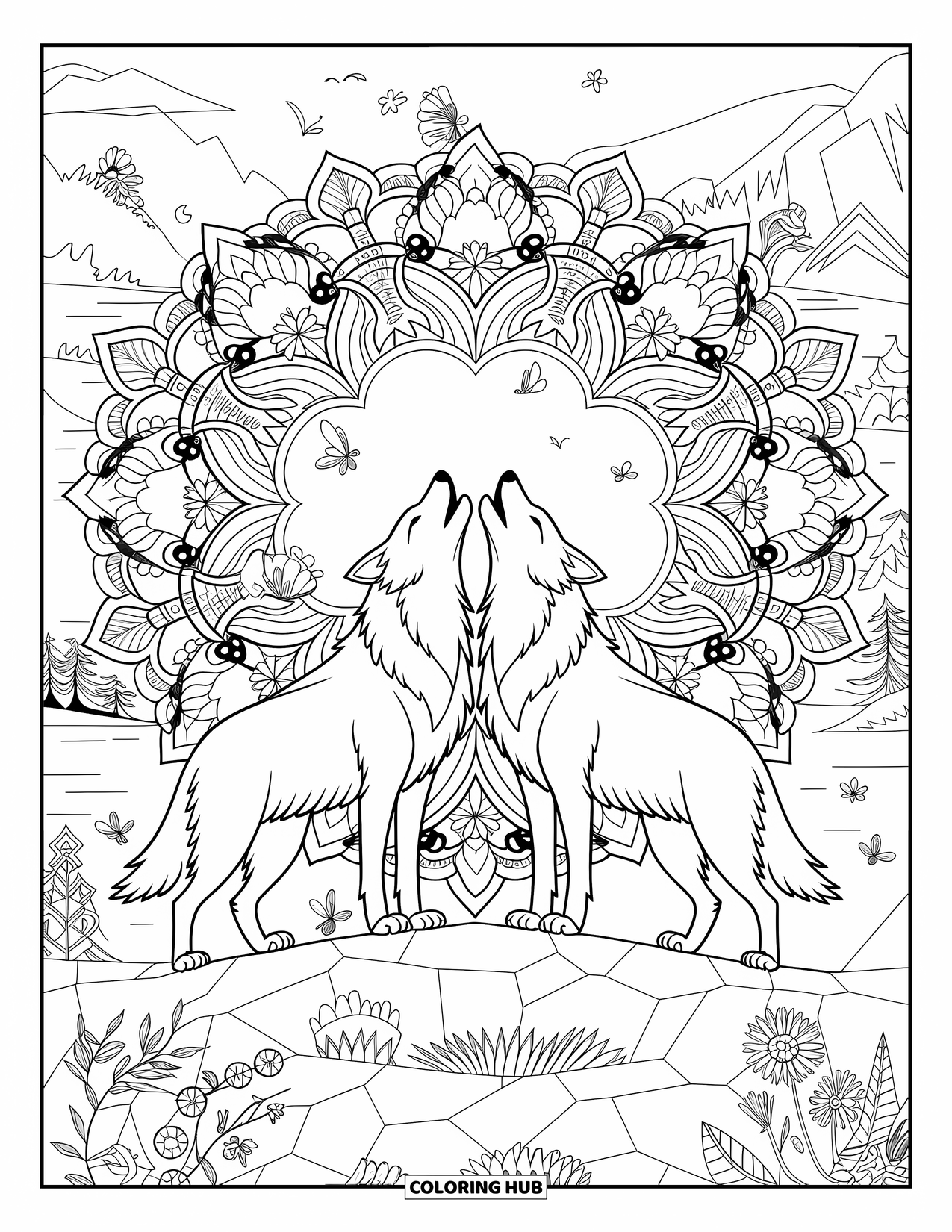 Wolf Pack Coloring Page for Adults: Two wolves howl from rocky ground as flowers, vines, and butterflies surround them