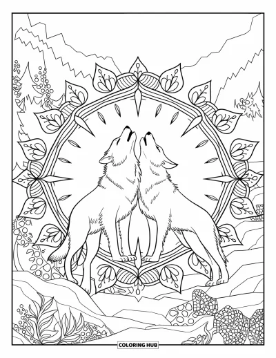 Wolfsrudel-Ausmalbild für Erwachsene: Zwei Wölfe heulen zusammen in einem Mandala aus Blumen, Blättern und Ranken