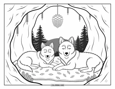 Wolfsrudel-Ausmalbild für Erwachsene: Zwei Wölfe schlafen in einer leuchtenden Höhle mit zarten Ranken und einem friedlichen Waldblick