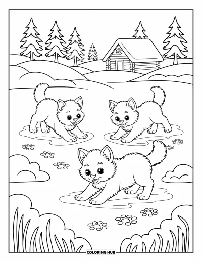 Wolfsrudel-Ausmalbild für Erwachsene: Wolfsjunge springen und rollen im Schnee nahe einer gemütlichen Waldhütte