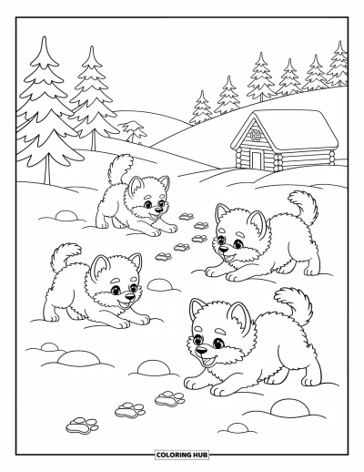 Wolfsrudel-Ausmalbild für Erwachsene: Wolfswelpen spielen ausgelassen im Schnee nahe einer kleinen Hütte und verschneiten Bäumen