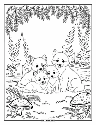 Wolfsrudel-Ausmalbild für Erwachsene: Wolfswelpen schlafen friedlich auf einer Waldlichtung voller Tiere und Pflanzen