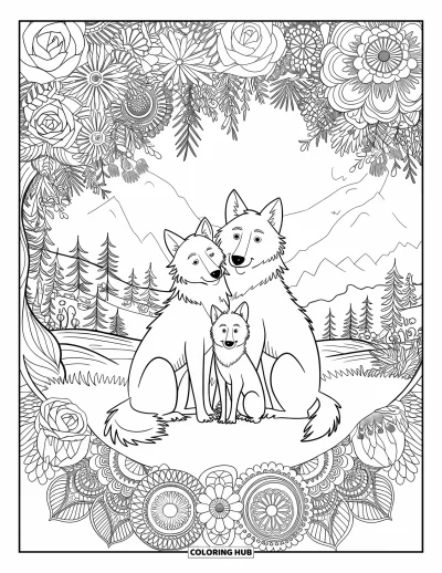 Wolfsrudel-Ausmalbild für Erwachsene: Wölfe kuscheln unter einem blütenreichen Baum mit Mandalas und einem Fluss in der Ferne