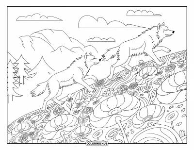 Wolfsrudel-Ausmalbild für Erwachsene: Wölfe laufen einen Hügel hinauf vorbei an blühenden Mustern mit Bergen und Bäumen dahinter