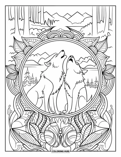 Wolfsrudel-Ausmalbild für Erwachsene: Wölfe heulen gemeinsam in einem Wald eingerahmt von Blättern, Blüten und friedlichen Bergen