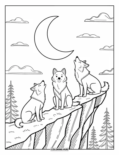 Wolfsrudel-Ausmalbild für Erwachsene: Wölfe blicken von einer Felsenklippe in den Himmel unter dem Mond und sanften Wolken
