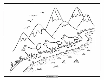 Wolfsrudel-Ausmalbild für Erwachsene: Wölfe laufen in einer Reihe einen Bergweg entlang umgeben von sanften Pflanzen und Felsen