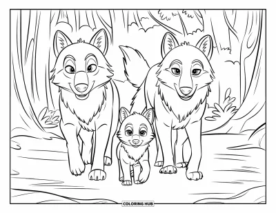Wolfsrudel-Ausmalbild für Kinder: Ein Wolfswelpe läuft fröhlich zwischen zwei erwachsenen Wölfen durch einen Wald