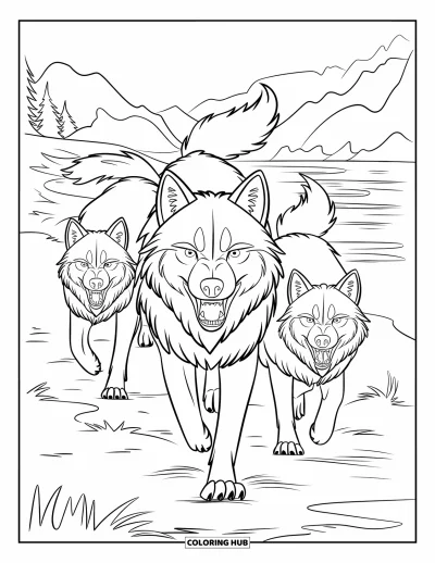 Wolfsrudel-Ausmalbild für Kinder: Ein wilder Wolf führt sein Rudel durch eine ruhige Berglandschaft
