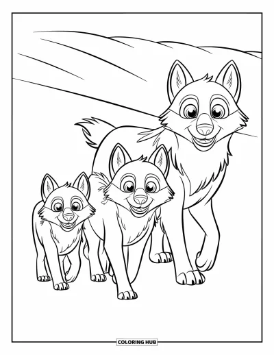 Wolfsrudel-Ausmalbild für Kinder: Eine fröhliche Wolfsfamilie läuft in einer Reihe über verschneite Hügel