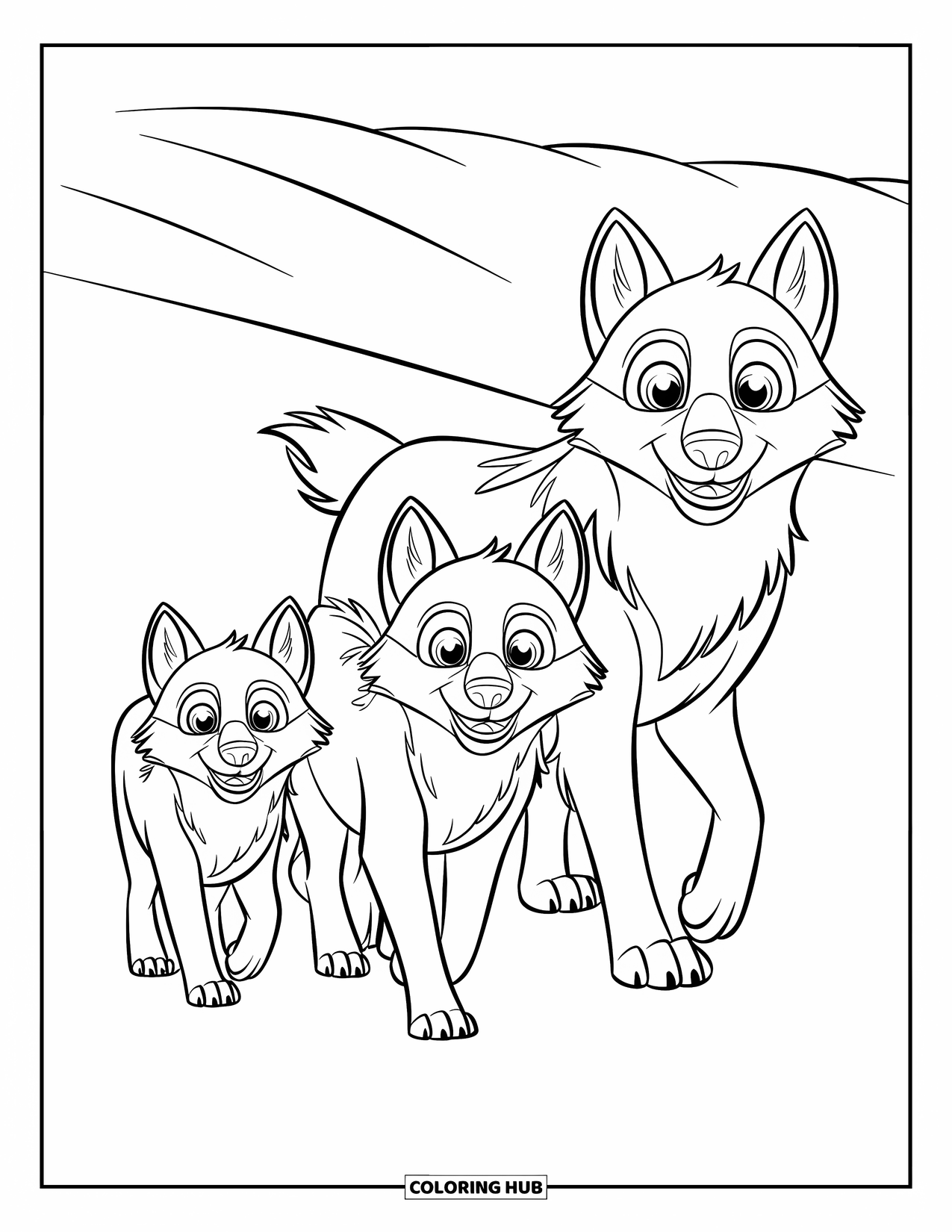 Wolf Pack Coloring Page for Kids: A happy wolf family walks in a row across snowy hills