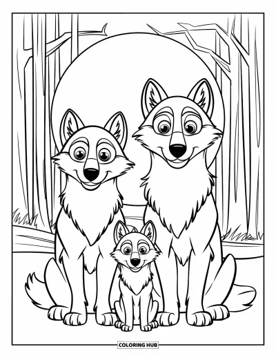 Wolfsrudel-Ausmalbild für Kinder: Ein kleiner Welpe sitzt zwischen zwei Wölfen unter dem Vollmond