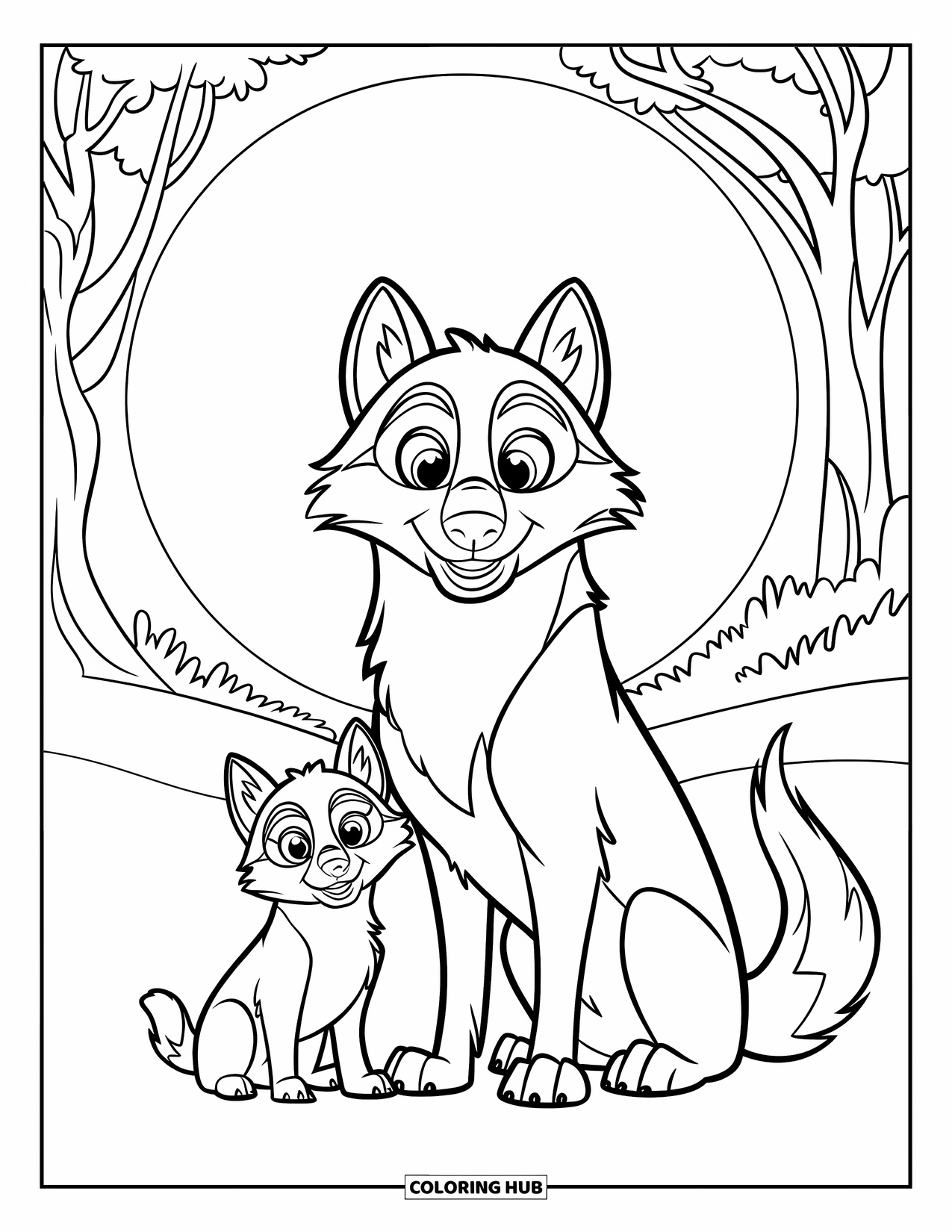 Wolf Pack Coloring Page for Kids: A parent wolf and pup sit quietly under a full moon