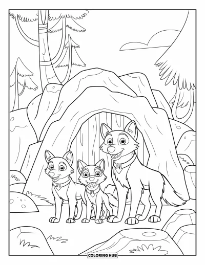 Wolfsrudel-Ausmalbild für Kinder: Eine Wolfsfamilie steht vor ihrer Höhle mit Bäumen und Himmel im Blick