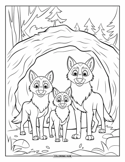 Wolfsrudel-Ausmalbild für Kinder: Eine Wolfsfamilie steht vor ihrer gemütlichen Felsenhöhle