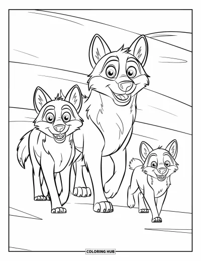 Wolfsrudel-Ausmalbild für Kinder: Eine Wolfsfamilie läuft gemeinsam in einer Reihe über verschneites Land