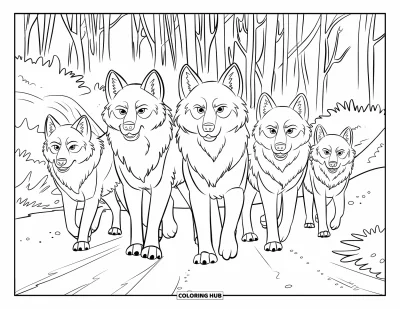 Wolfsrudel-Ausmalbild für Kinder: Ein Wolfsrudel läuft in einer Reihe durch einen blätterlosen Wald