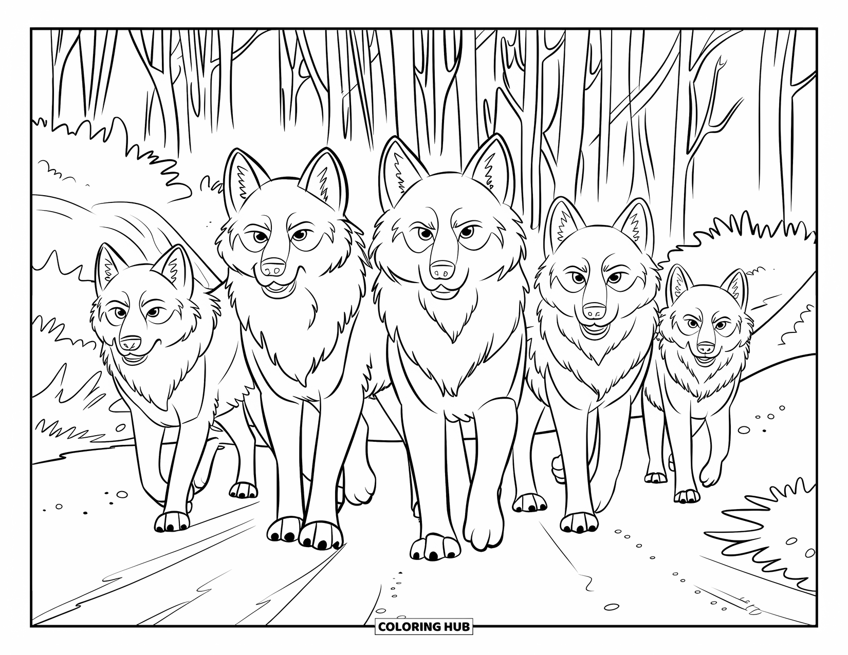 Wolf Pack Coloring Page for Kids: A wolf pack walks in a line through a leafless forest