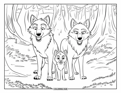Wolfsrudel-Ausmalbild für Kinder: Ein junger Welpe läuft mit seinen Eltern über Waldboden
