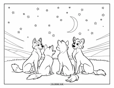 Wolfsrudel-Ausmalbild für Kinder: Flauschige Wölfe ruhen auf Gras unter Sternen und einem leuchtenden Halbmond