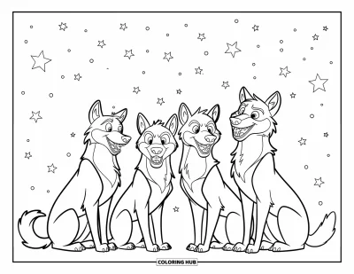 Wolfsrudel-Ausmalbild für Kinder: Vier Wölfe sitzen im Kreis unter einem Nachthimmel voller Sterne