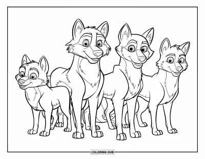 Wolfsrudel-Ausmalbild für Kinder: Vier Wölfe stehen nebeneinander, jeder mit einem eigenen Aussehen