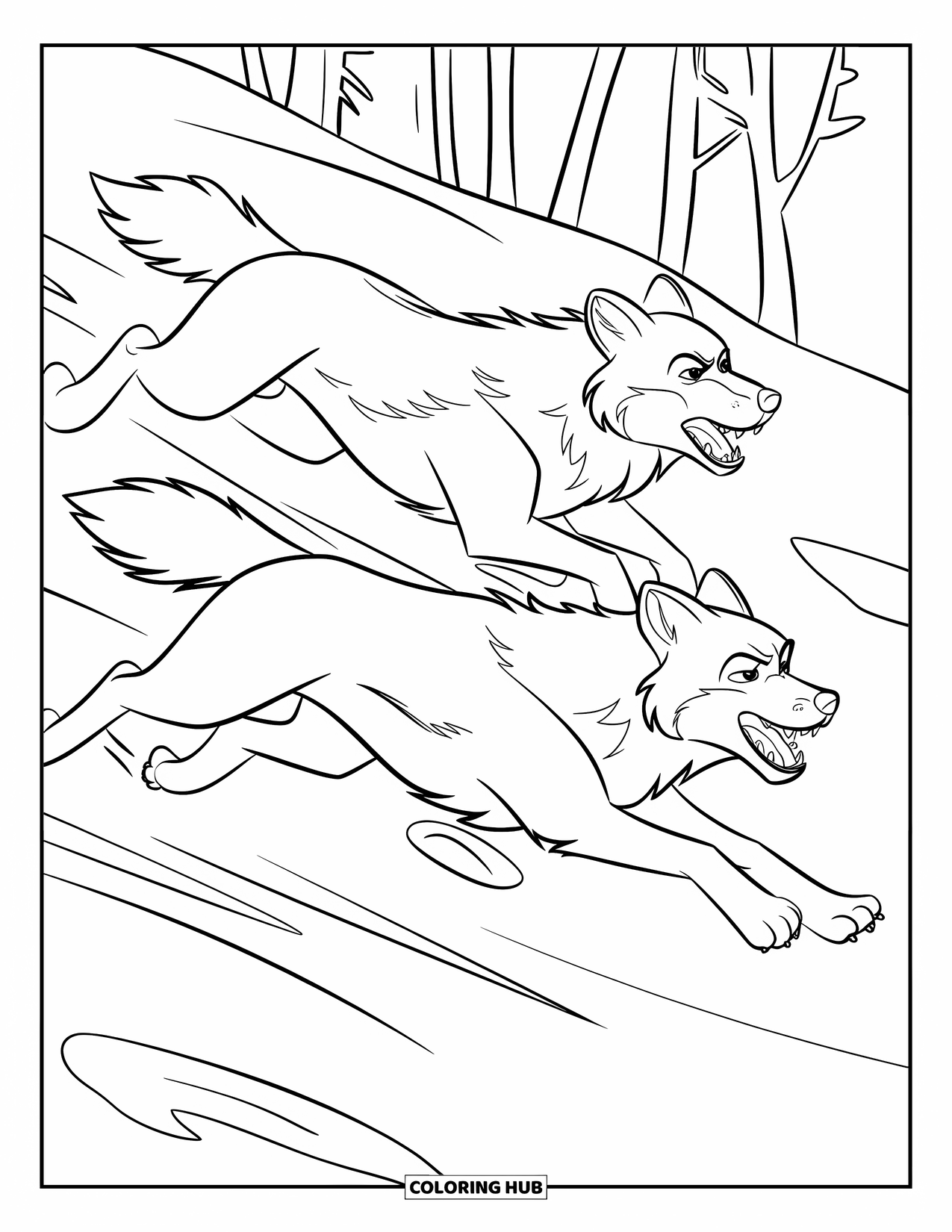 Wolf Pack Coloring Page for Kids: Howling wolves sprint across snowy land with wind-blown trees