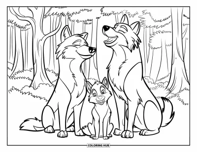 Wolfsrudel-Ausmalbild für Kinder: Der Wolfswelpe sitzt zwischen seinen Eltern unter hohen Bäumen