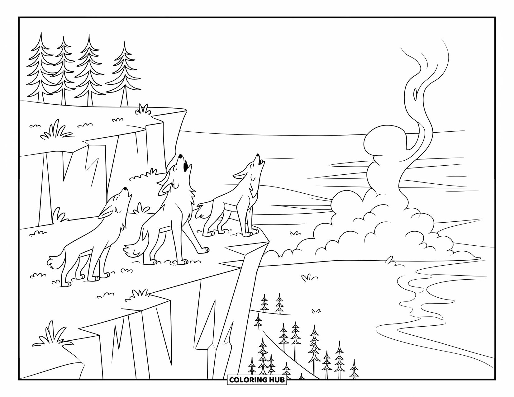 Wolf Pack Coloring Page for Kids: Three unique wolves howl on a cliff with mist and trees below