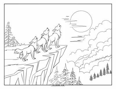 Wolfsrudel-Ausmalbild für Kinder: Drei Wölfe heulen auf einer Klippe über einem nebligen Tal