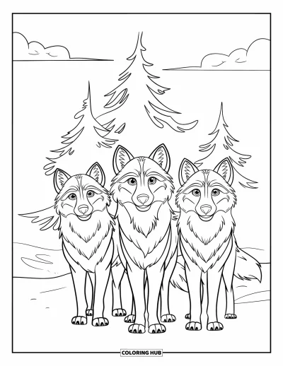 Wolfsrudel-Ausmalbild für Kinder: Drei Wölfe posieren stolz mit verschneiten Bäumen im Hintergrund
