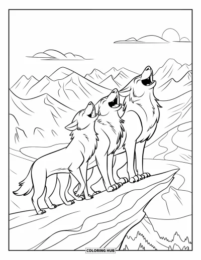 Wolfsrudel-Ausmalbild für Kinder: Drei Wölfe heben ihre Köpfe und heulen von einem felsigen Vorsprung