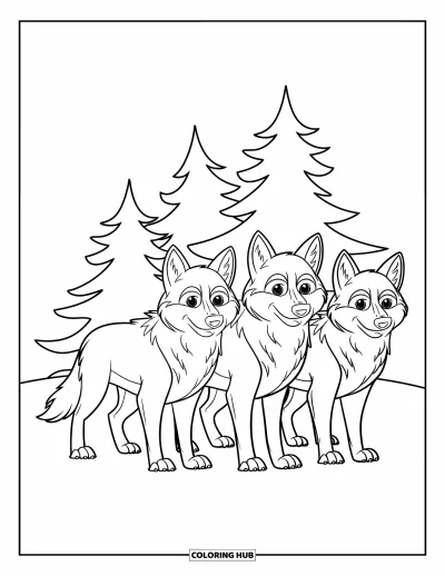 Wolfsrudel-Ausmalbild für Kinder: Drei Wölfe stehen stolz mit Kiefern hinter ihnen